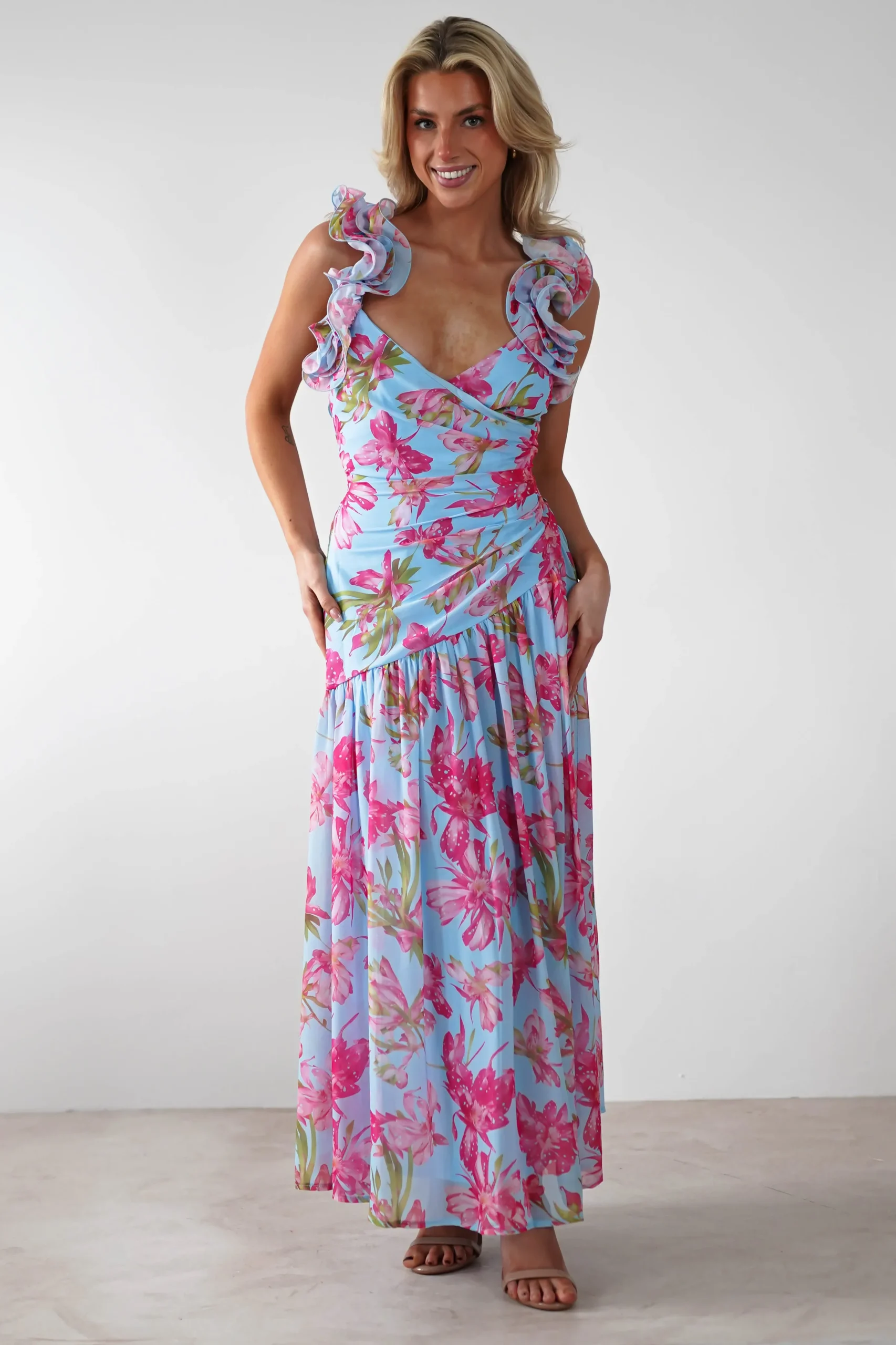 Karmen Ruffle Floral Midaxi Dress | Blue/Pink