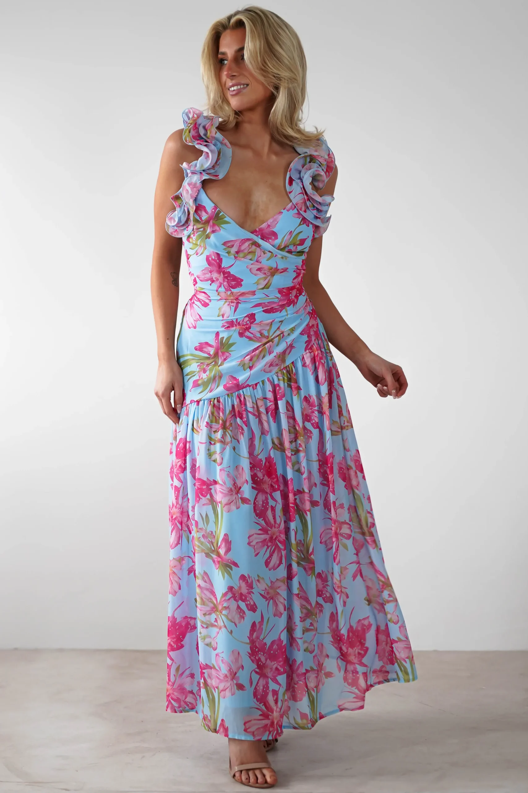 Karmen Ruffle Floral Midaxi Dress | Blue/Pink