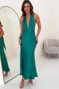 Kaylah Satin Halter Neck Maxi Dress | Green