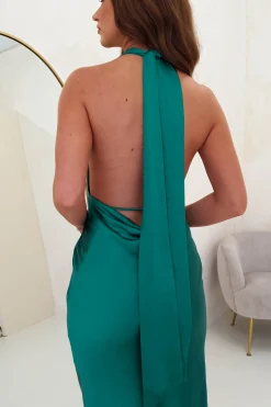 Kaylah Satin Halter Neck Maxi Dress | Green