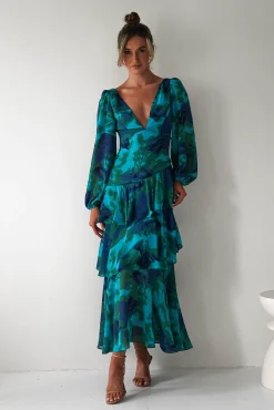 Kiyah Long Sleeve Maxi Dress | Green Print