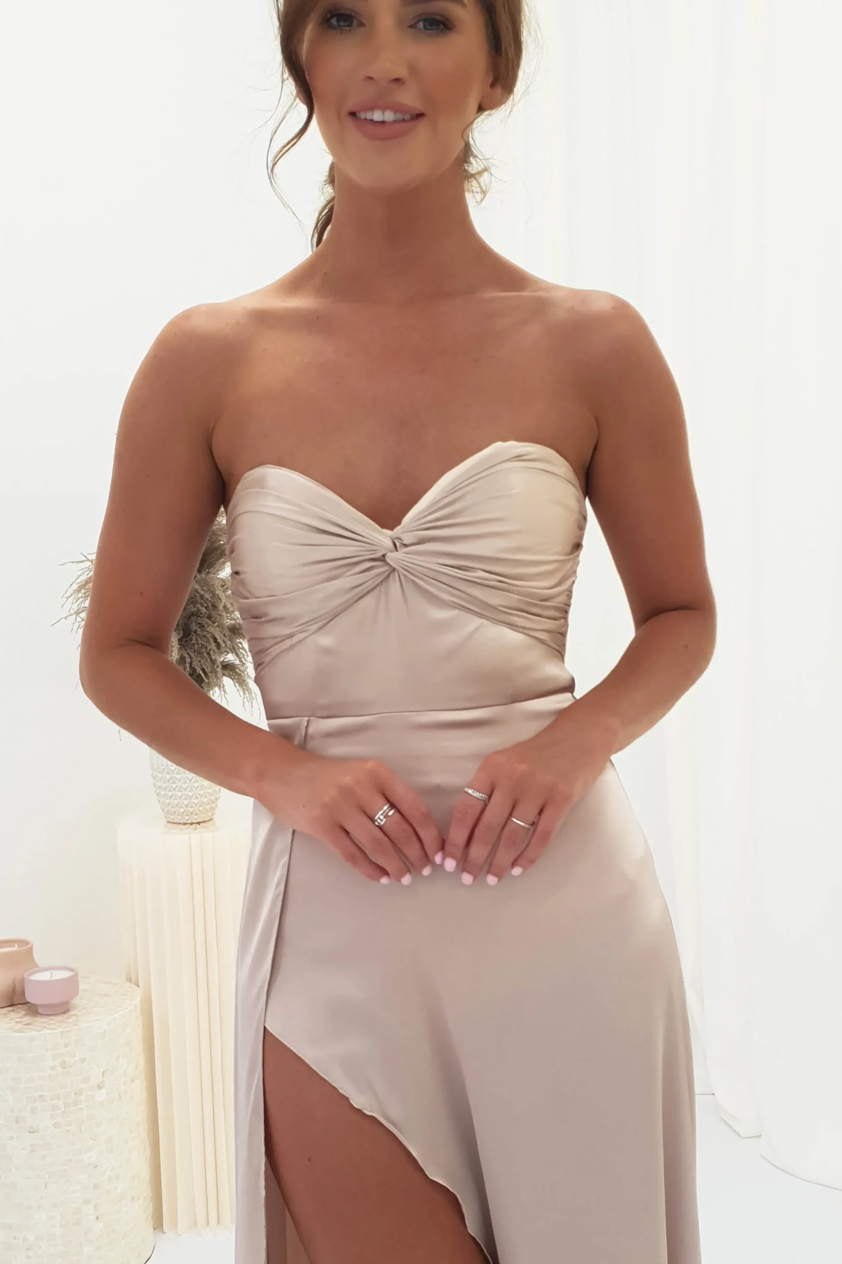 Krysta Soft Satin Long Strapless Gown | Champagne