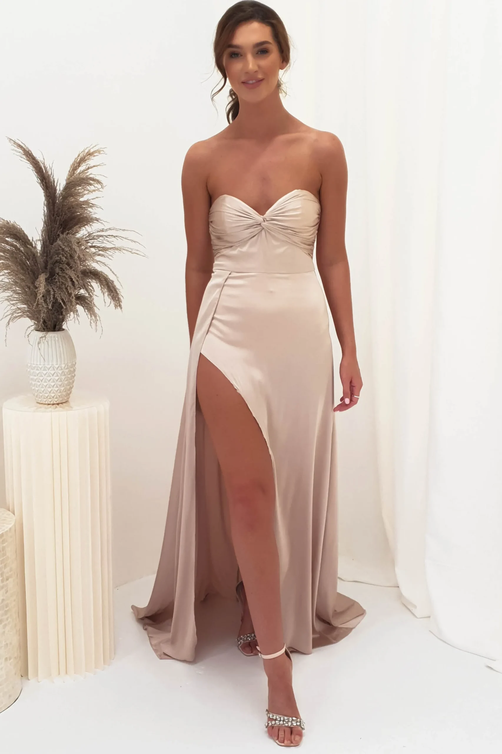 Krysta Soft Satin Long Strapless Gown | Champagne