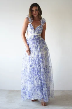 Lauren Floral Tulle Maxi Dress | Blue/White