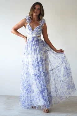 Lauren Floral Tulle Maxi Dress | Blue/White