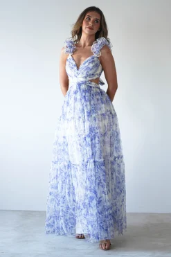 Lauren Floral Tulle Maxi Dress | Blue/White