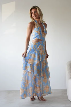 Lohan Ruffle Floral Maxi Print Dress | Blue