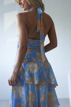 Lohan Ruffle Floral Maxi Print Dress | Blue
