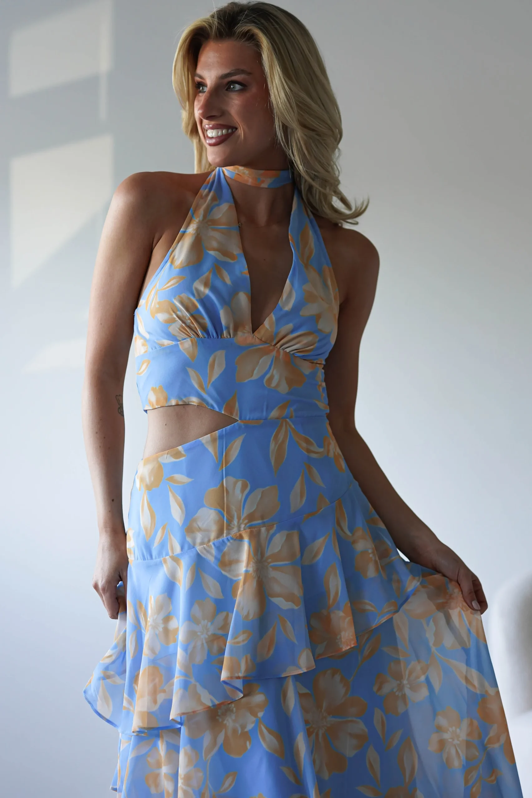 Lohan Ruffle Floral Maxi Print Dress | Blue
