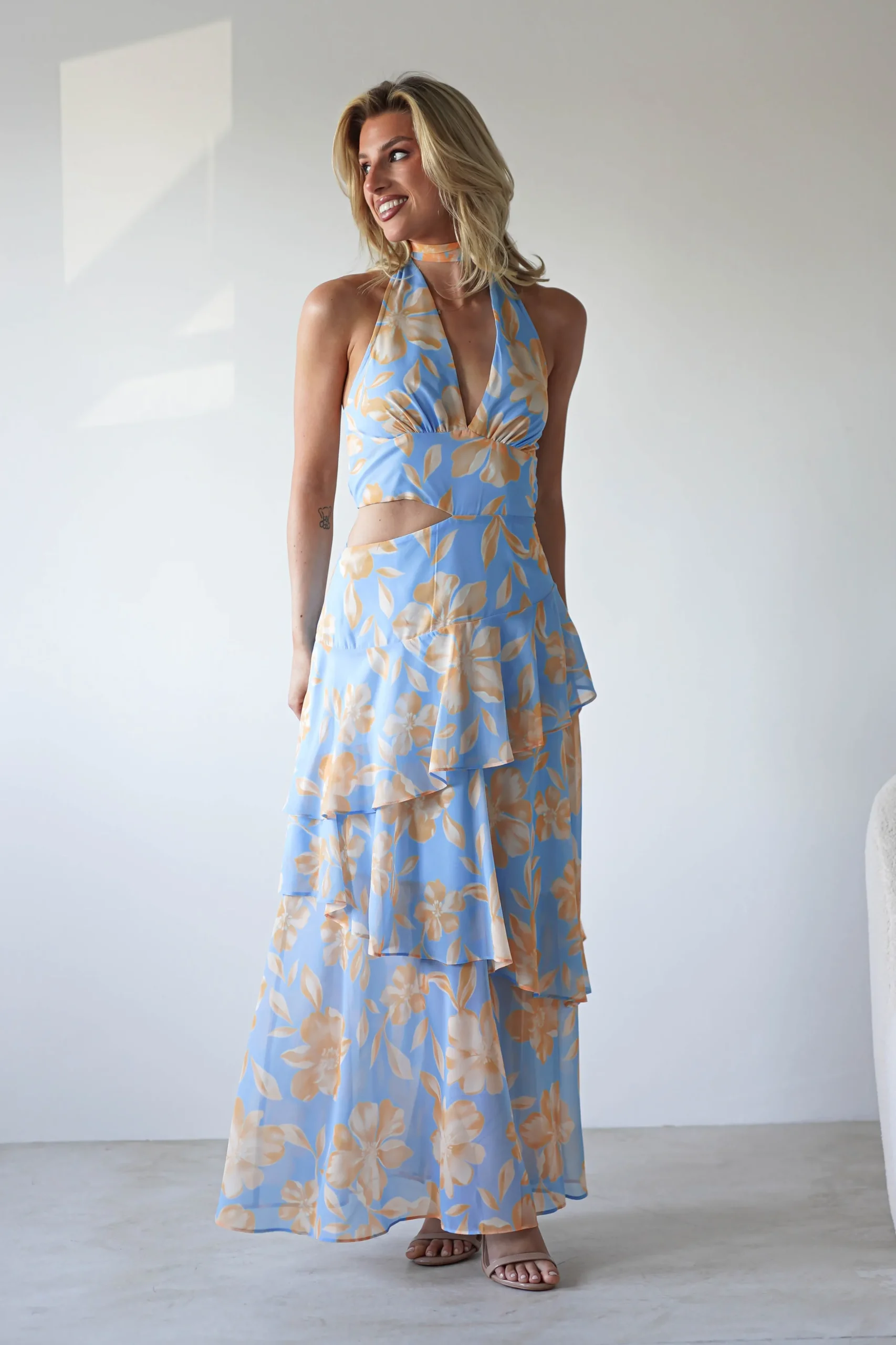 Lohan Ruffle Floral Maxi Print Dress | Blue