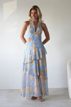 Lohan Ruffle Floral Maxi Print Dress | Blue