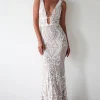 Lorenza Plunge Sequin Gown | Nude/White