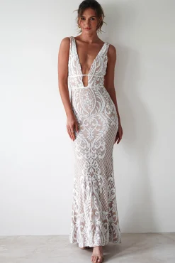 Lorenza Plunge Sequin Gown | Nude/White