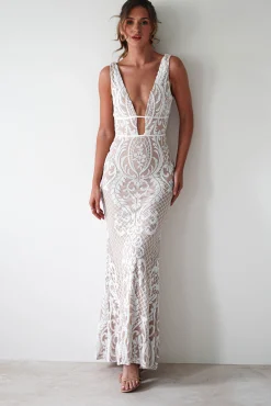 Lorenza Plunge Sequin Gown | Nude/White