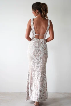 Lorenza Plunge Sequin Gown | Nude/White