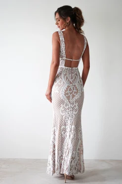 Lorenza Plunge Sequin Gown | Nude/White