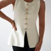 Louella Gold Button Waistcoat Top | Cream