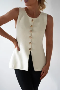 Louella Gold Button Waistcoat Top | Cream