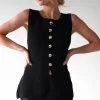 Louella Gold Button Waistcoat Top | Black