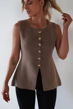 Louella Gold Button Waistcoat Top | Brown