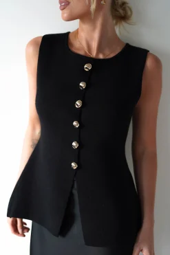 Louella Gold Button Waistcoat Top | Black