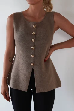 Louella Gold Button Waistcoat Top | Brown