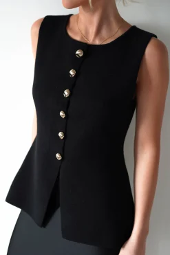 Louella Gold Button Waistcoat Top | Black