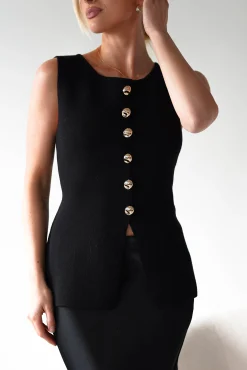Louella Gold Button Waistcoat Top | Black