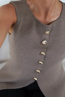 Louella Gold Button Waistcoat Top | Brown