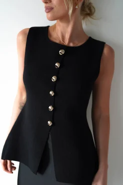 Louella Gold Button Waistcoat Top | Black
