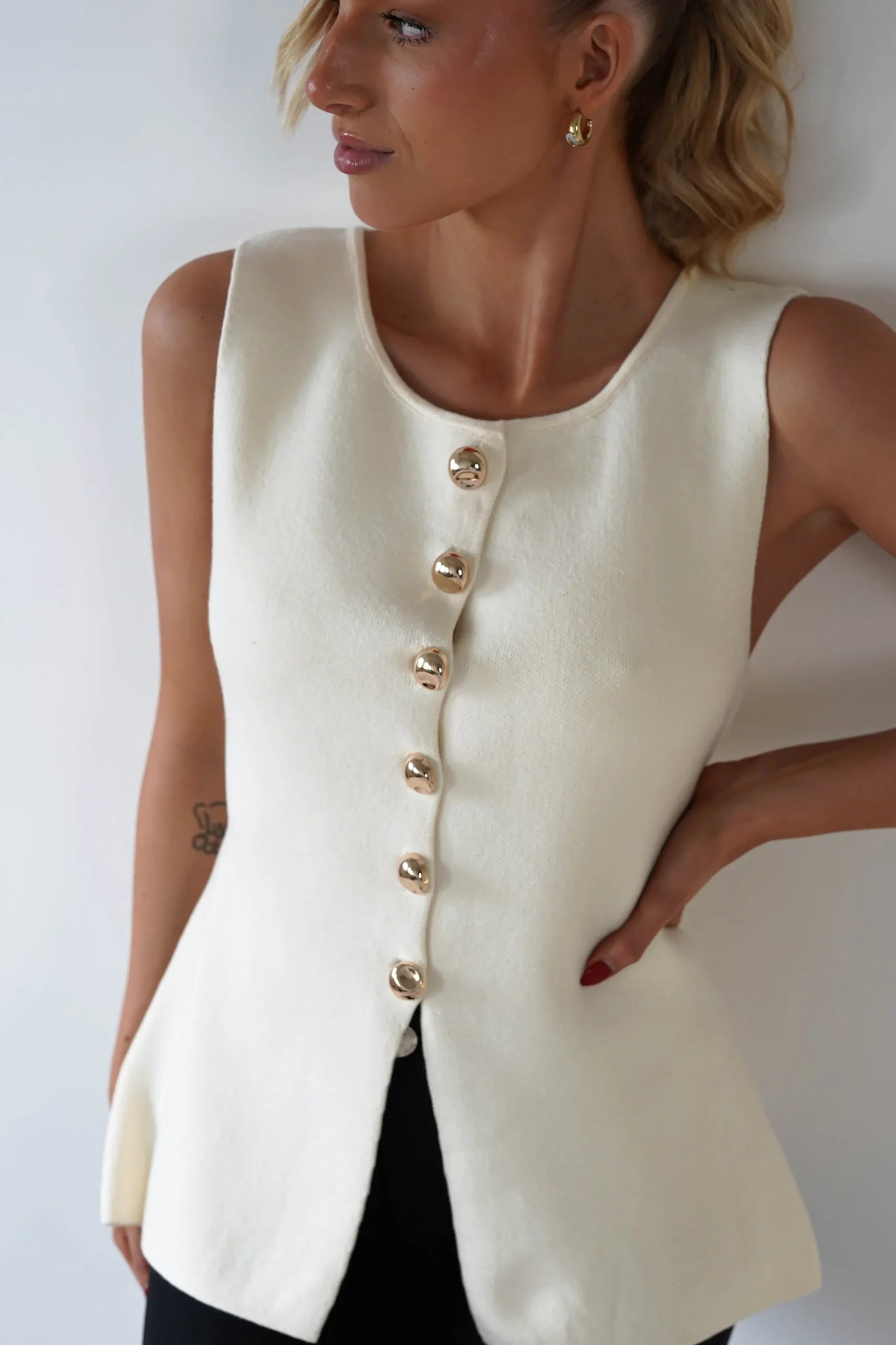 Louella Gold Button Waistcoat Top | Cream