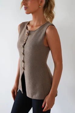 Louella Gold Button Waistcoat Top | Brown