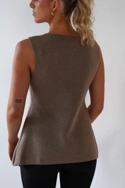 Louella Gold Button Waistcoat Top | Brown
