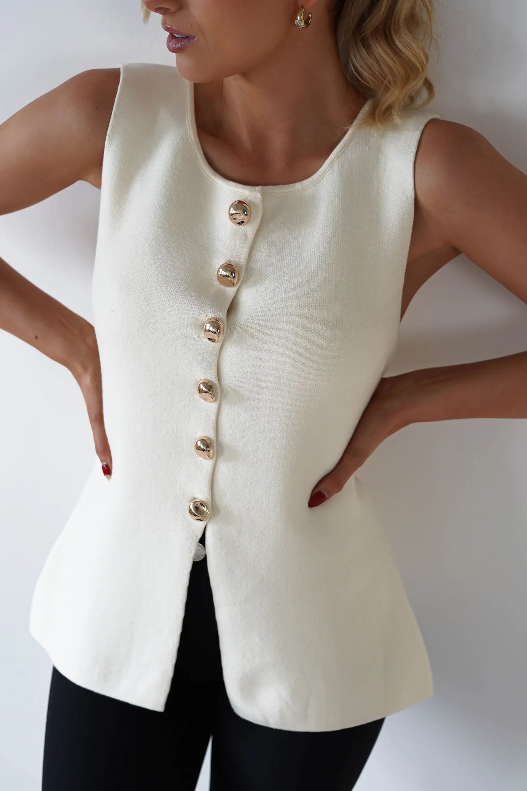 Louella Gold Button Waistcoat Top | Cream