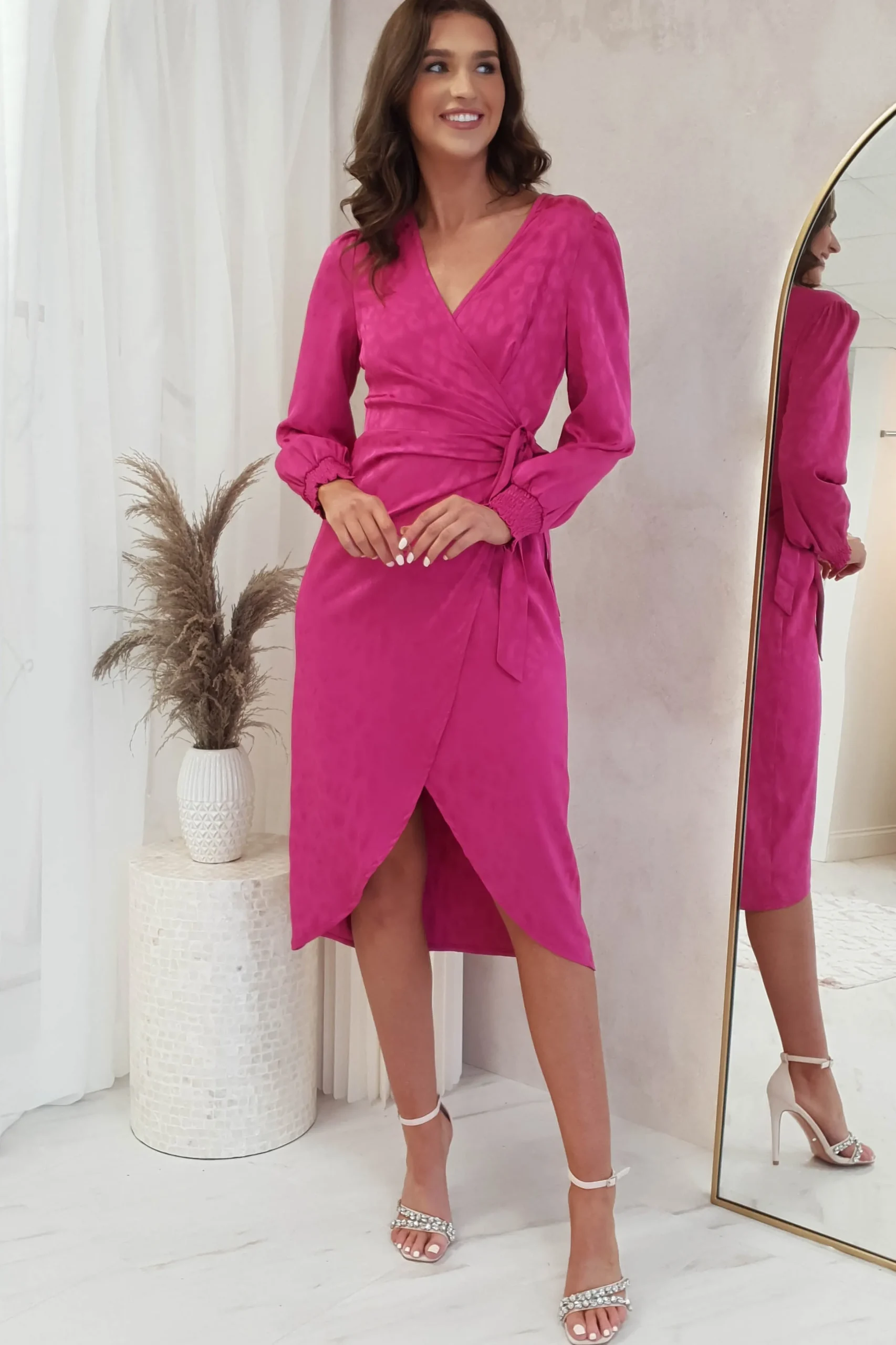 Louise Wrap Satin Midi Dress | Hot Pink