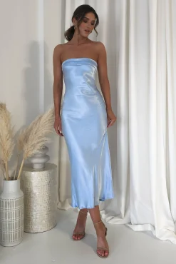 Lucia Soft Satin Slip Midi Dress Blue