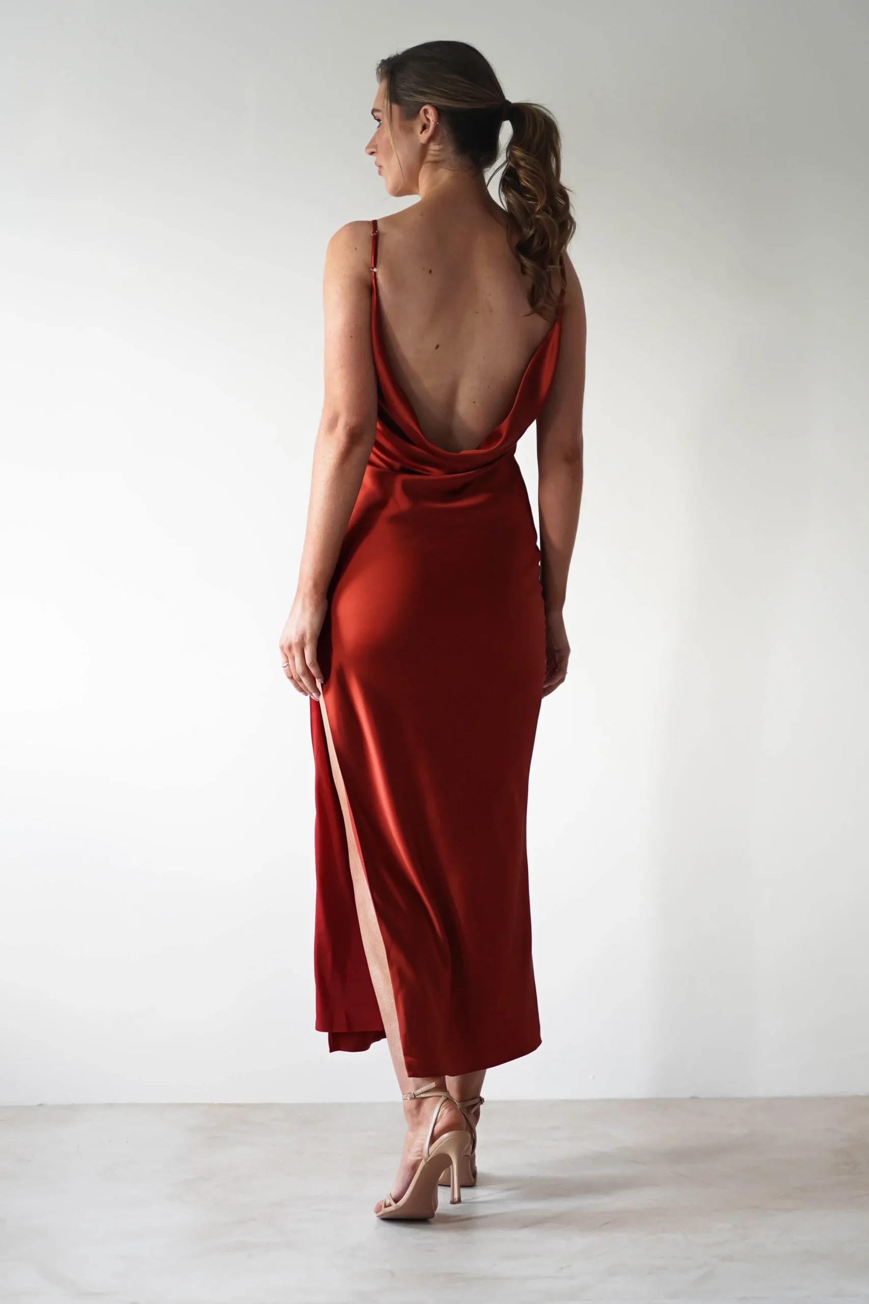Luiza Low Back Satin Maxi Dress | Rust