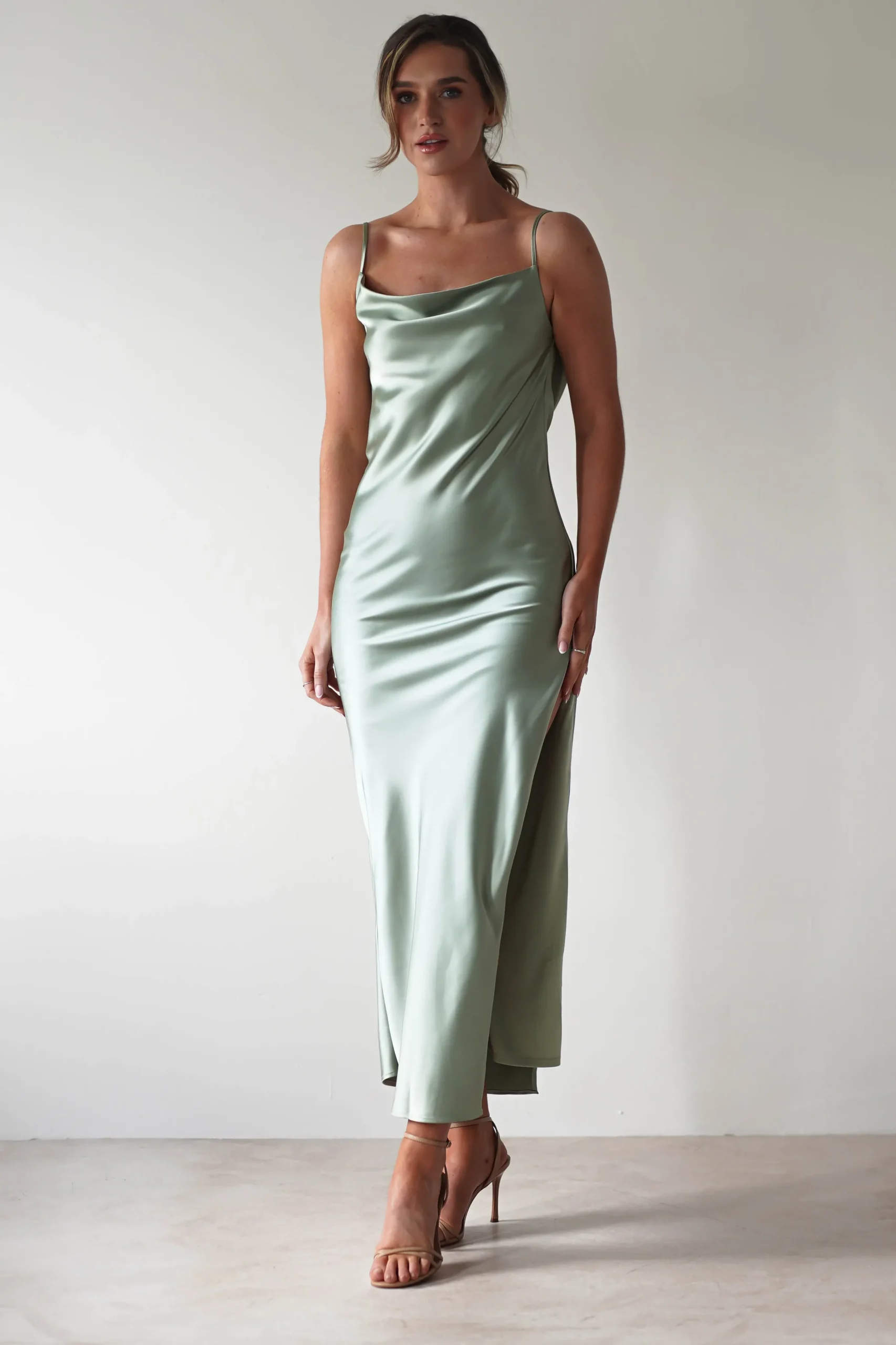 Luiza Low Back Satin Maxi Dress | Sage