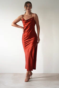 Luiza Low Back Satin Maxi Dress | Rust