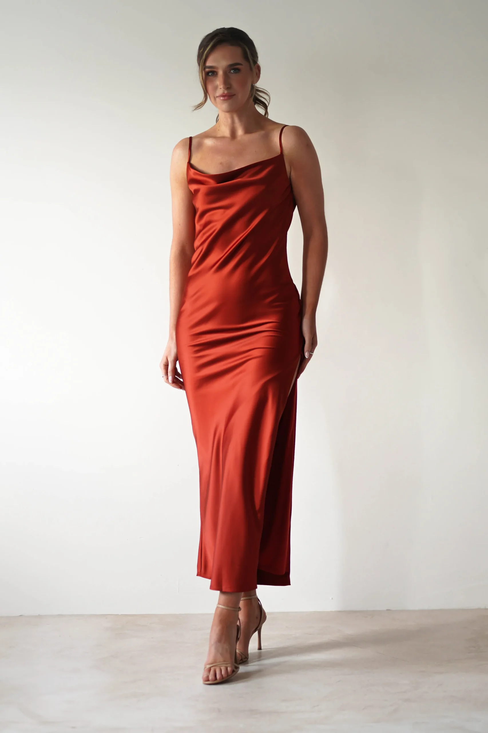 Luiza Low Back Satin Maxi Dress | Rust