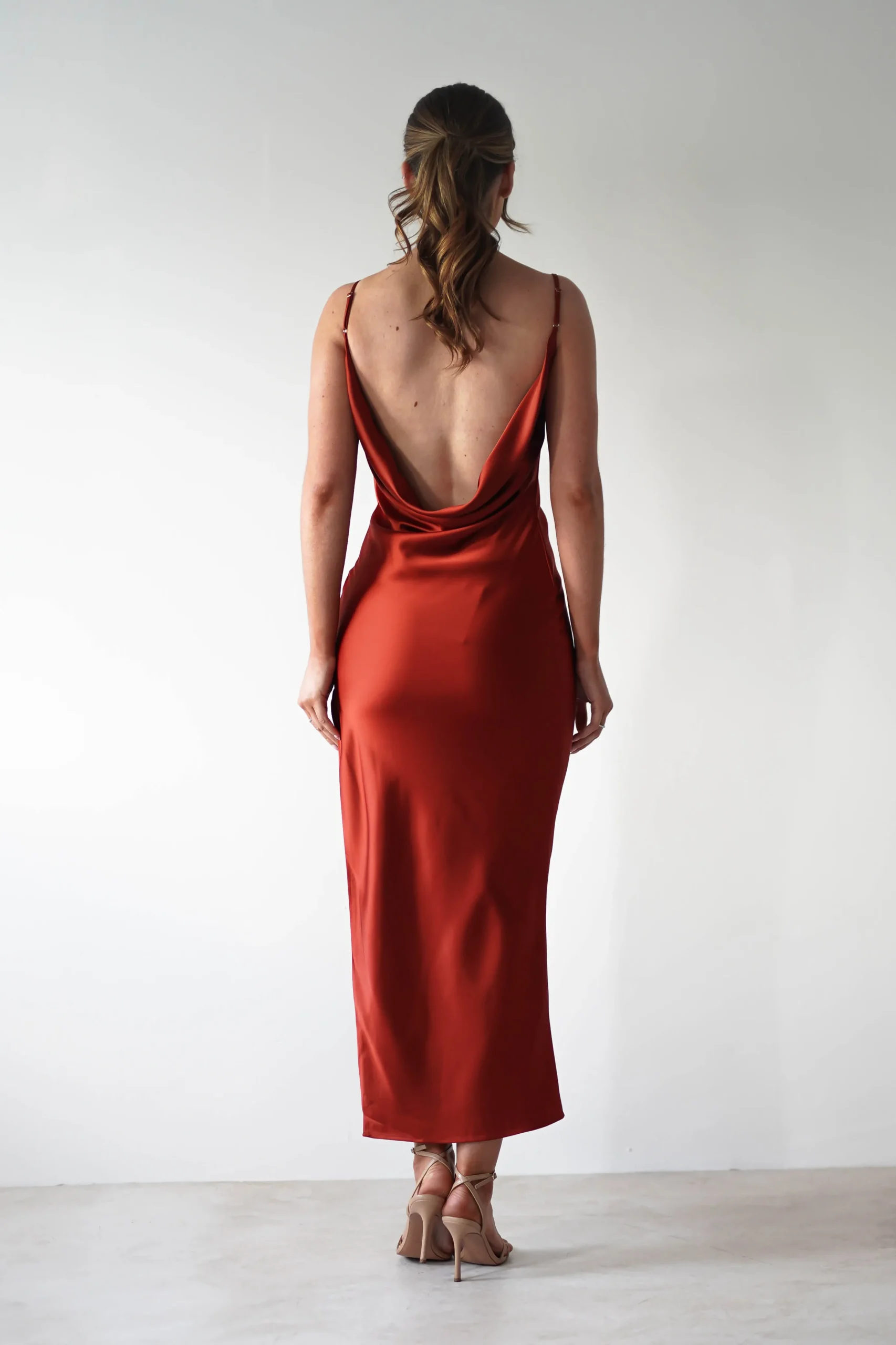 Luiza Low Back Satin Maxi Dress | Rust