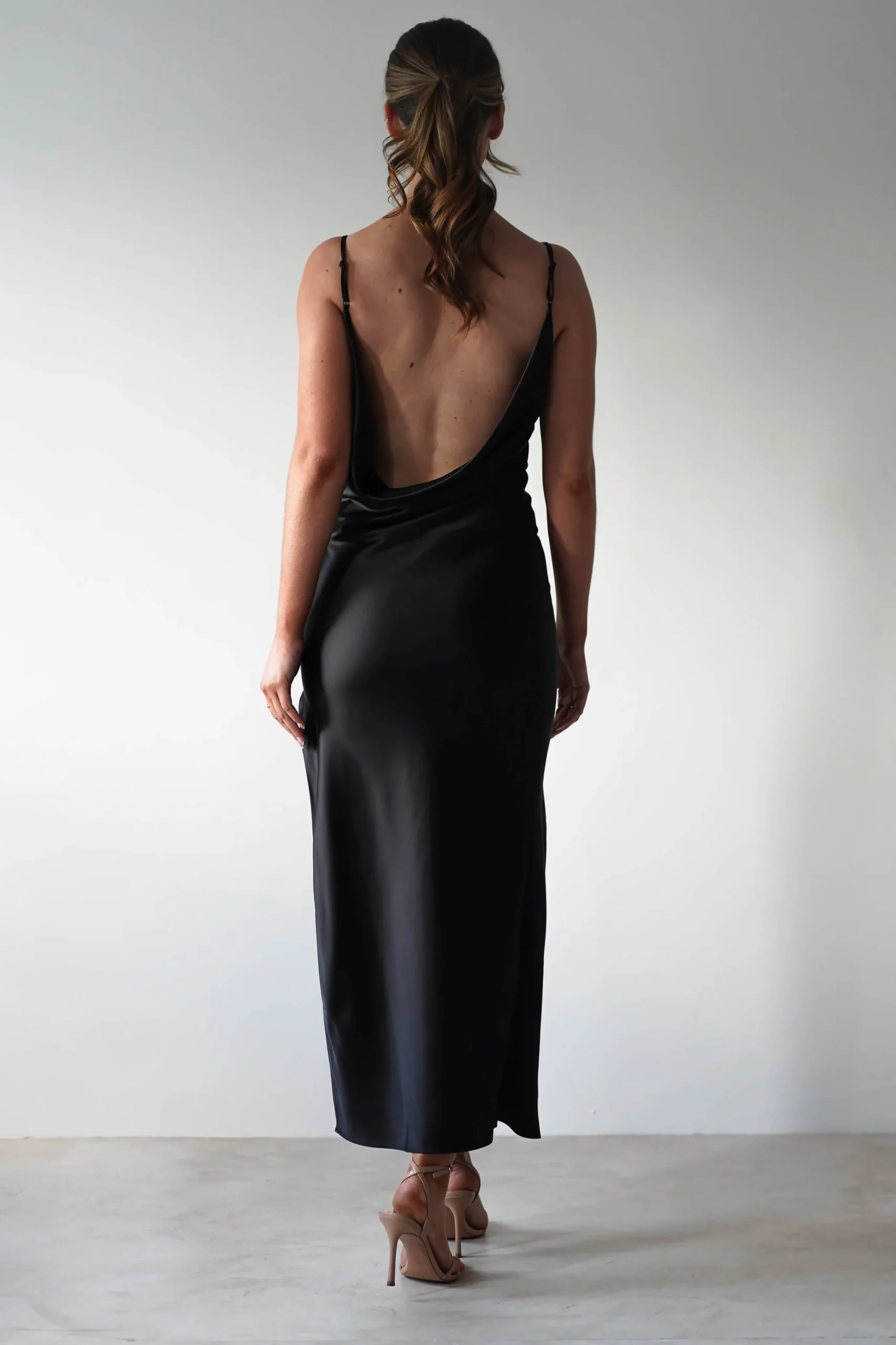 Luiza Low Back Satin Maxi Dress | Black