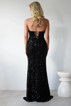 Lydia Sequin Feather Strapless Gown | Black