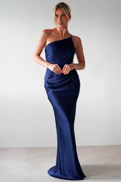 Lyra Soft Matte Satin Maxi Dress | Navy