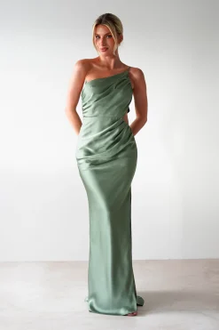Lyra Soft Matte Satin Maxi Dress | Olive