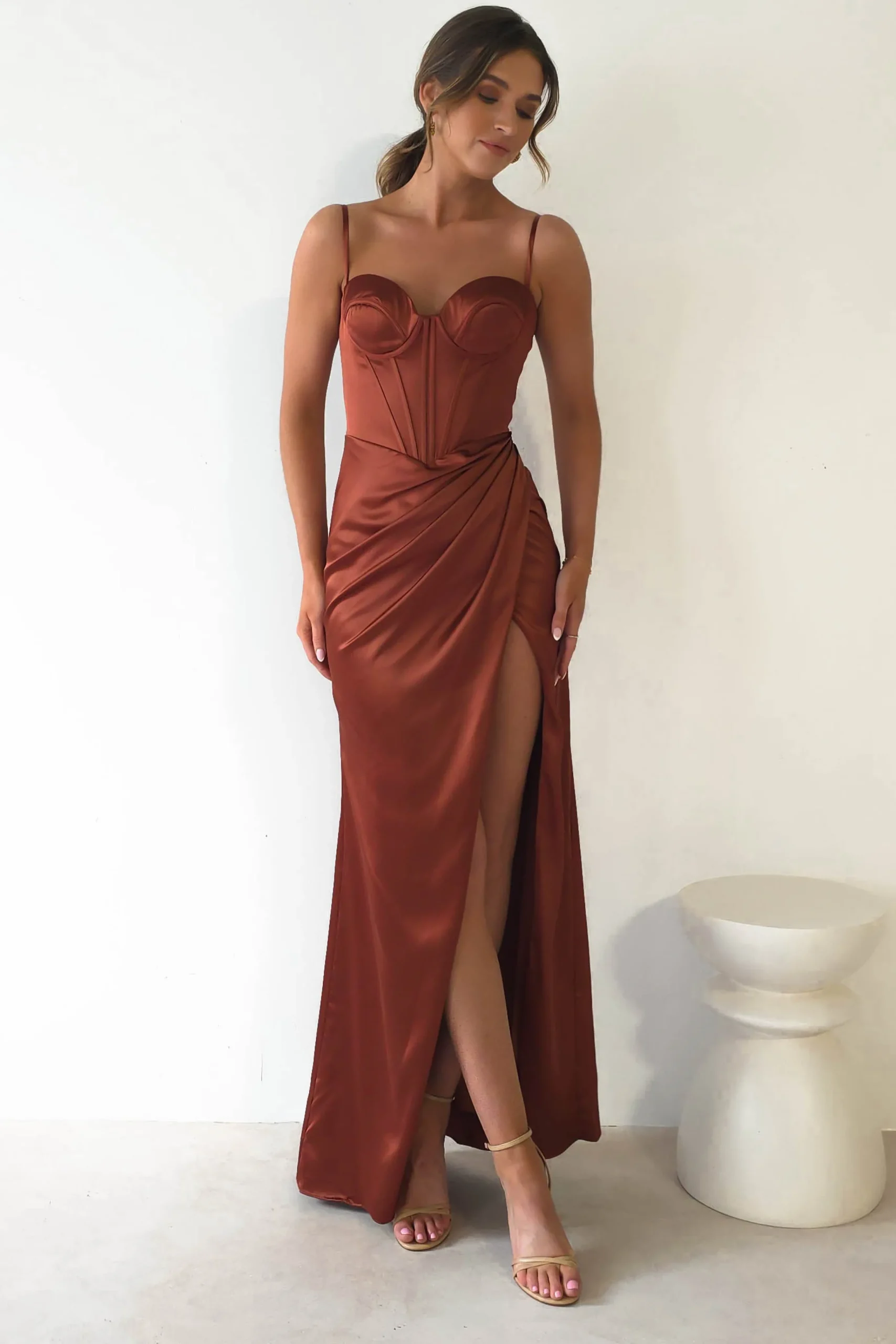 Maja Satin Corset Gown | Rust