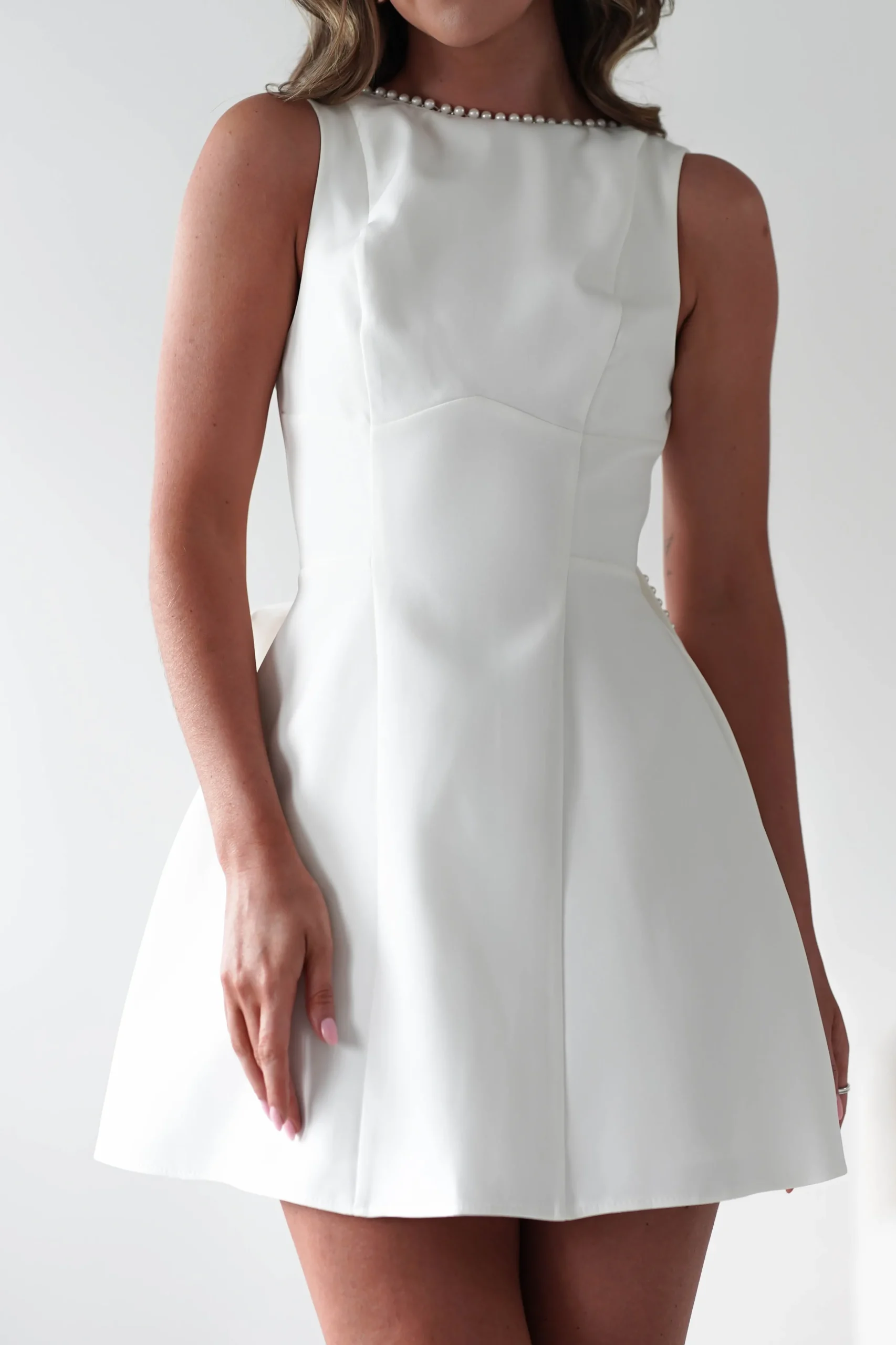 Maria Pearl Bow Detail Mini Dress | White