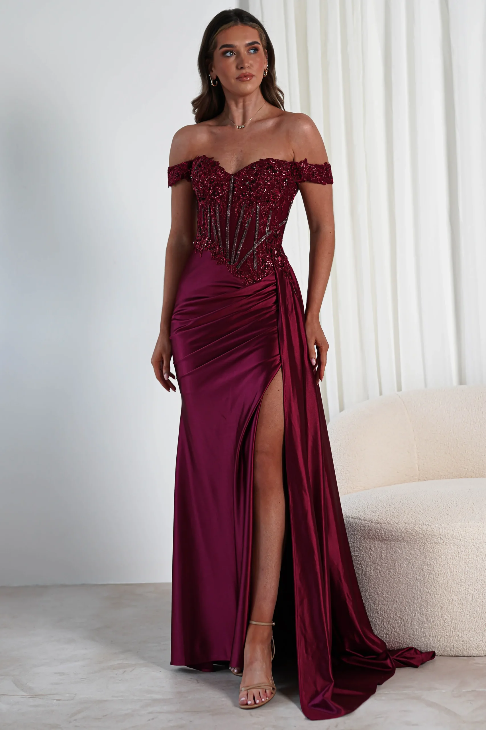 Marsela Lace Bodice Gown | Burgundy