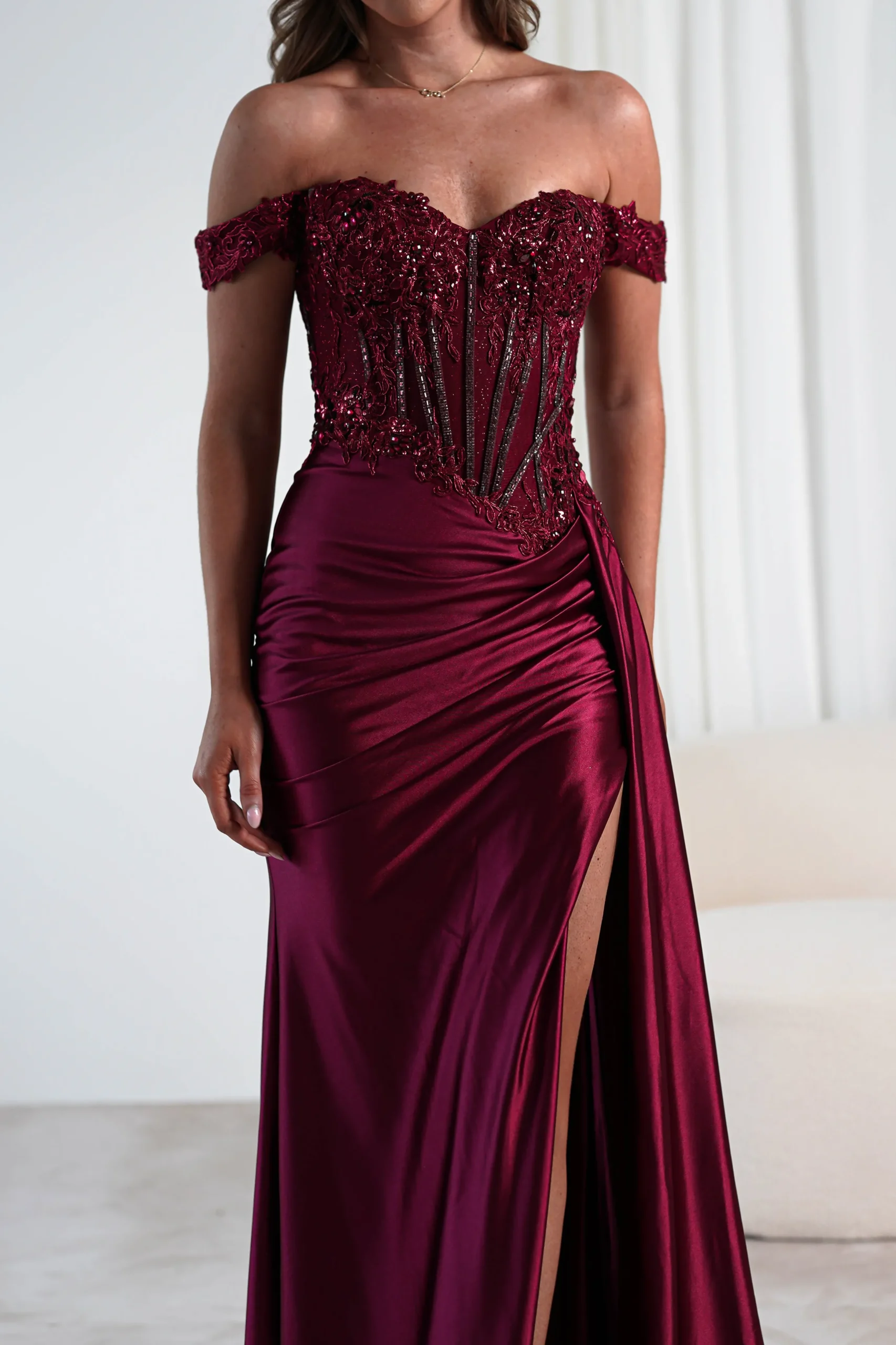 Marsela Lace Bodice Gown | Burgundy