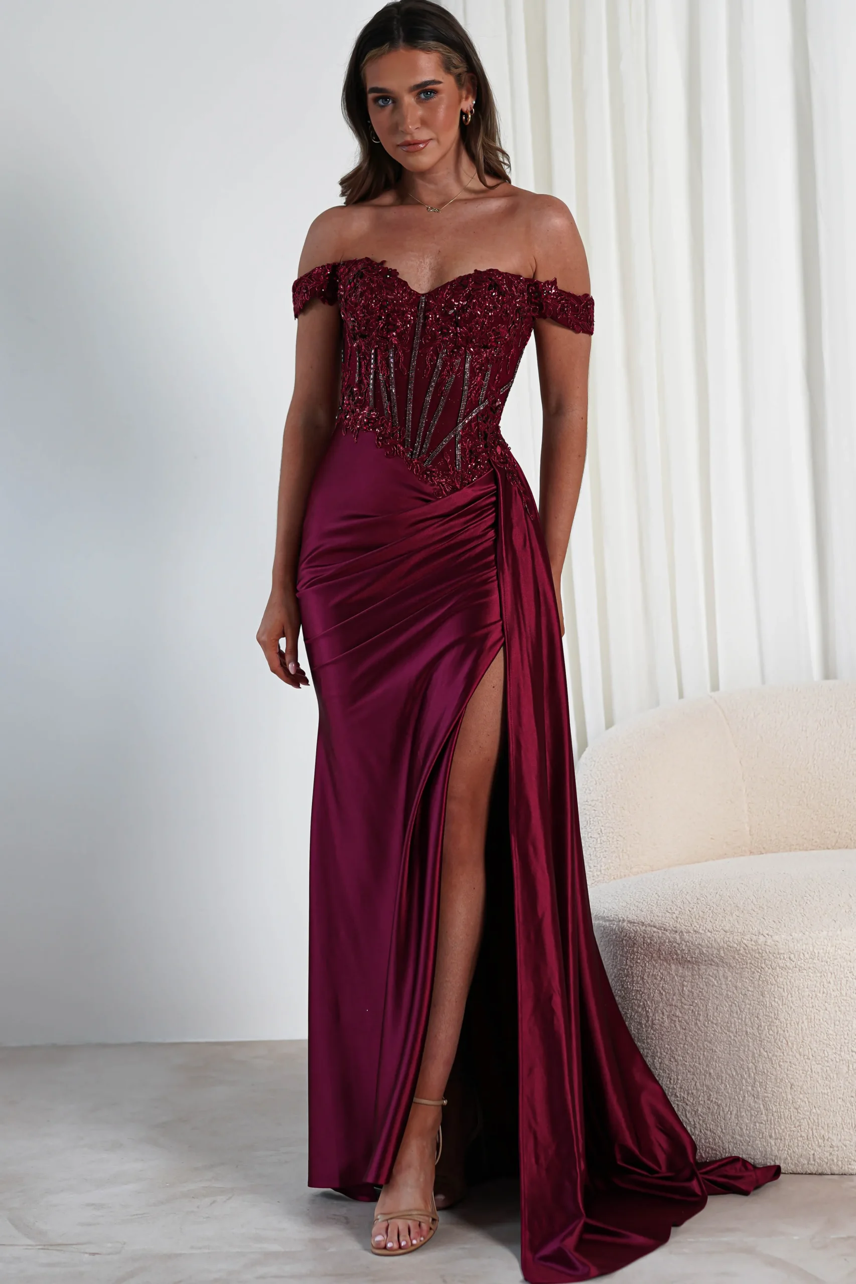 Marsela Lace Bodice Gown | Burgundy